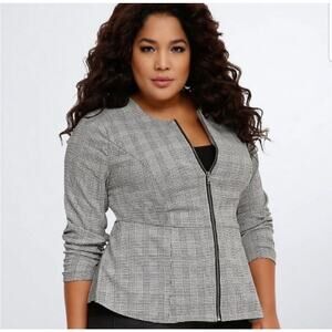 Torrid Houndstooth Peplum Blazer Plus Size 1X Gray Zip Up Suit Jacket